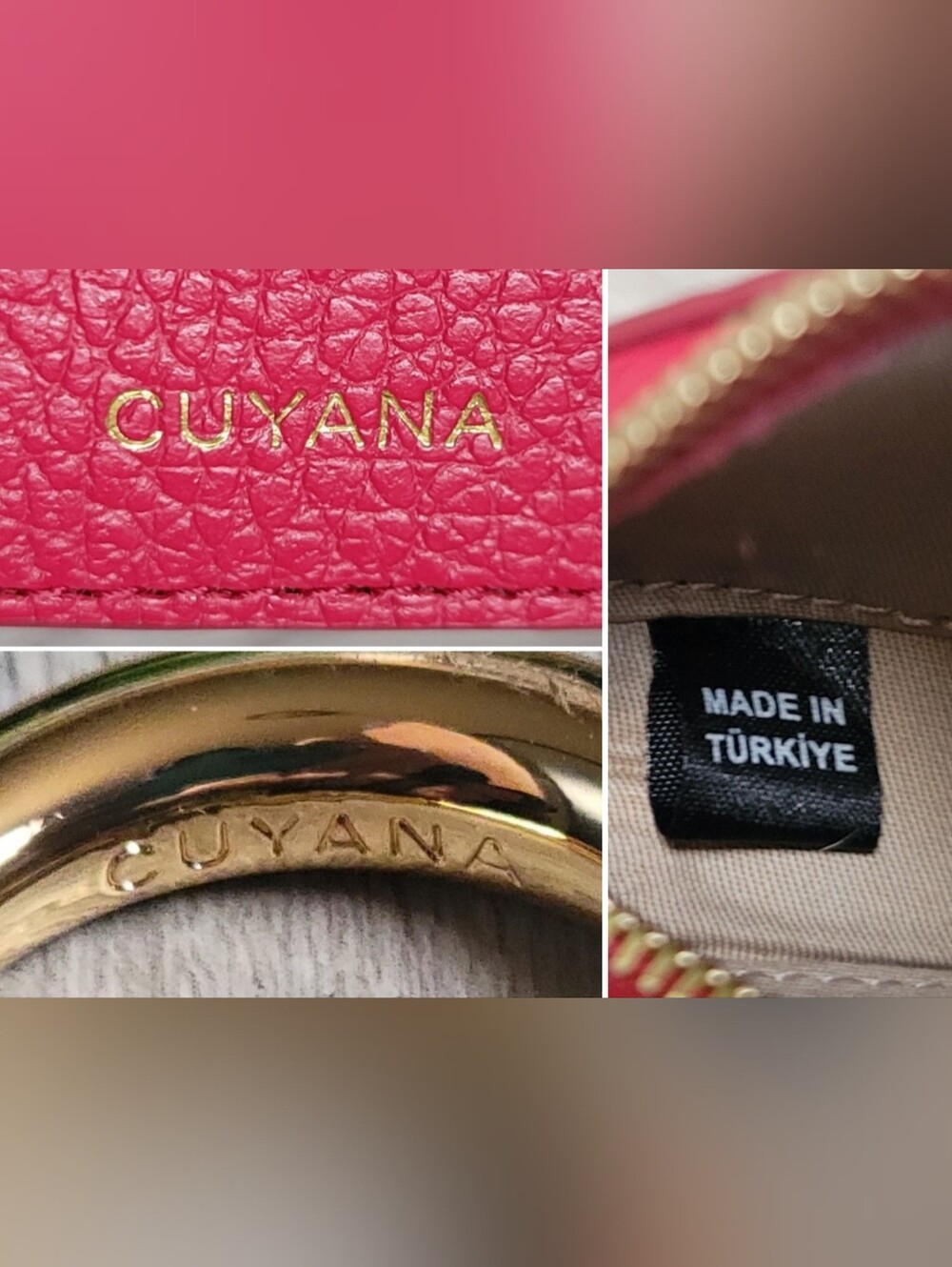 Cuyana Triangle Fruit Pouch Italian Leather Rare Raspberry & Gold Hinge, 4" x 4" - Picture 16 of 16